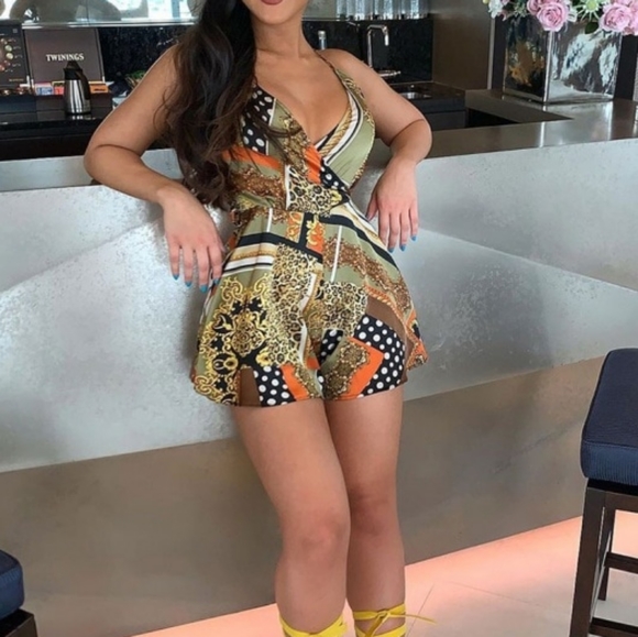 Pants - Baroque Scarf Print Tied Waist Romper